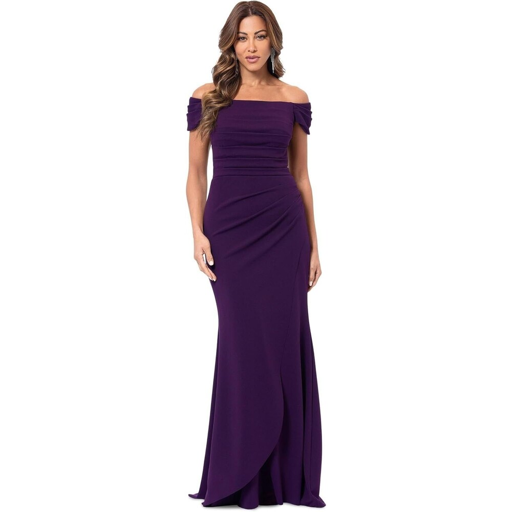 Xscape Women's Off-The-Shoulder Gown Size 14 Mulberry Ruched Floor Length Gown
